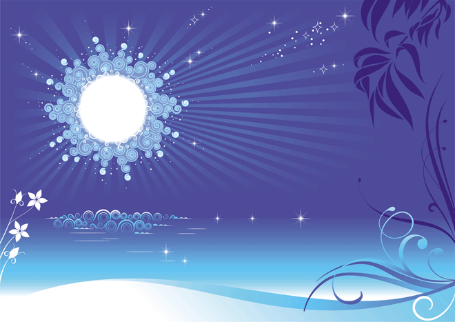 Summer night - Blue Moon floral design - moon rays beach